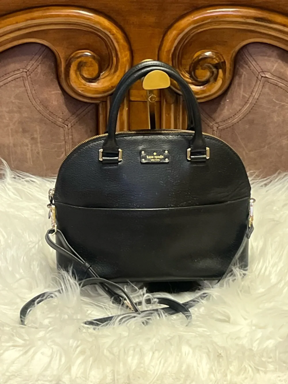 kate spade black leather dome satchel with gold hardware
